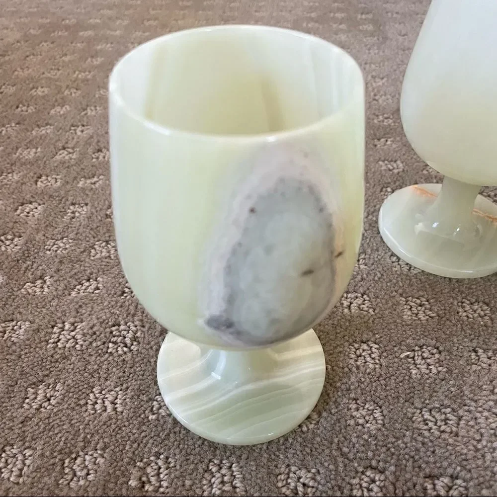 Set of 4 Vintage Green Opal Marble Wine Glasses Goblets
